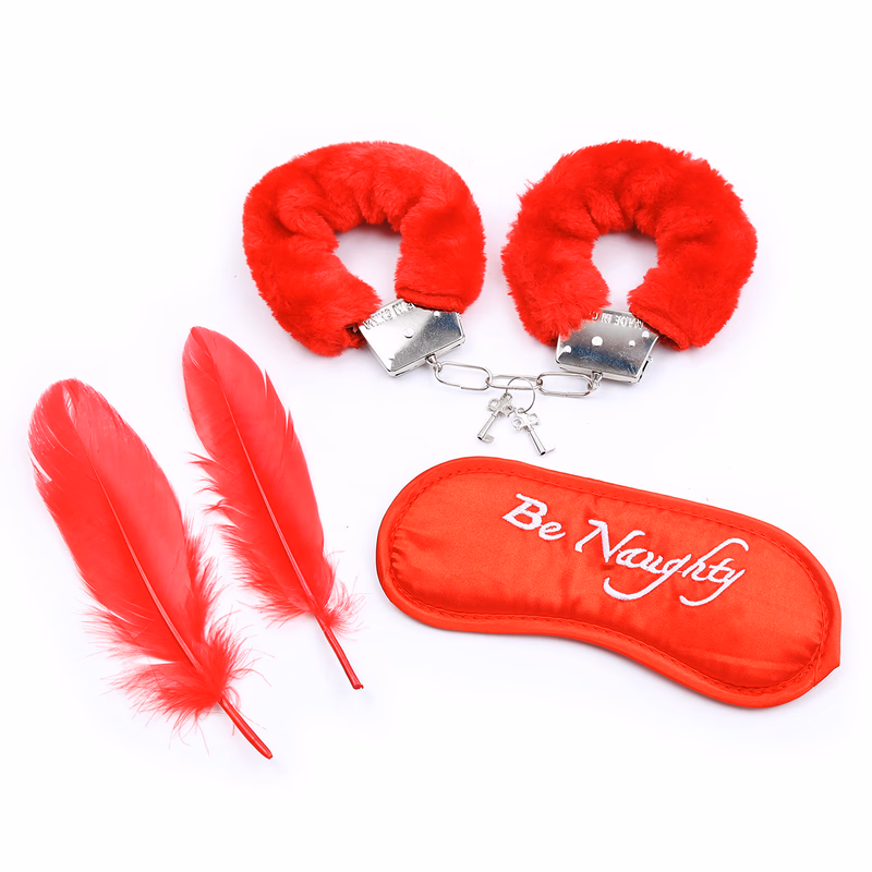 Handcuffs + feathers + blindfold, all red three-piece set