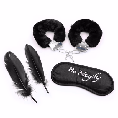 Handcuffs + feathers + blindfold, all-black three-piece set
