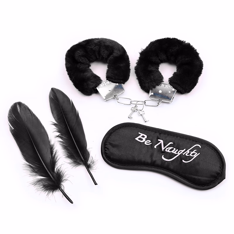 Handcuffs + feathers + blindfold, all-black three-piece set