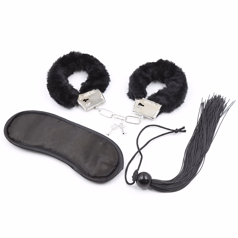 Black three-piece set: handcuffs, whip, and blindfold