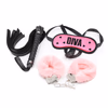 Pink three-piece set of handcuffs, whip, and blindfold