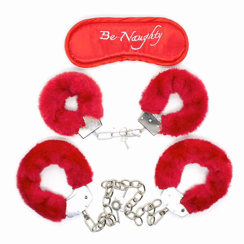 Two handcuffs + blindfold, red three-piece set
