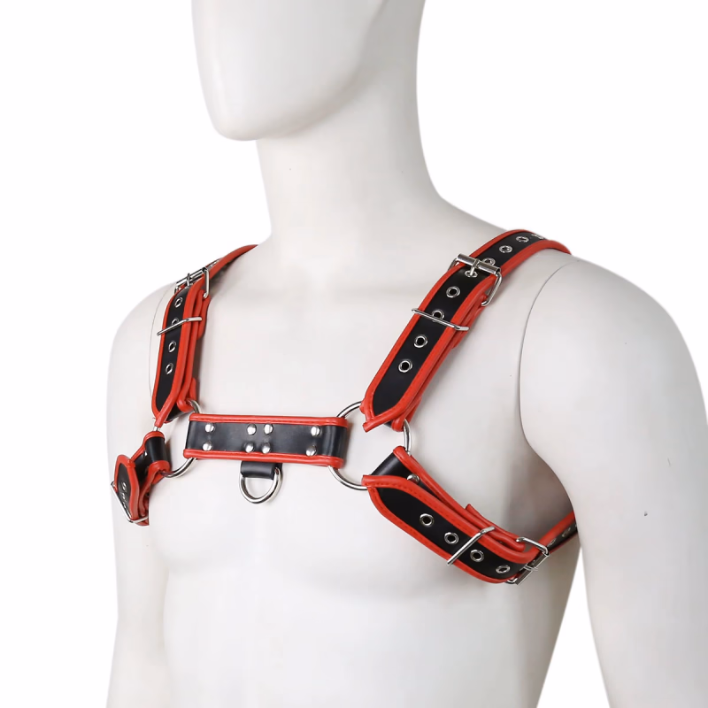 Red leather strap with perforated double loops and shoulder straps