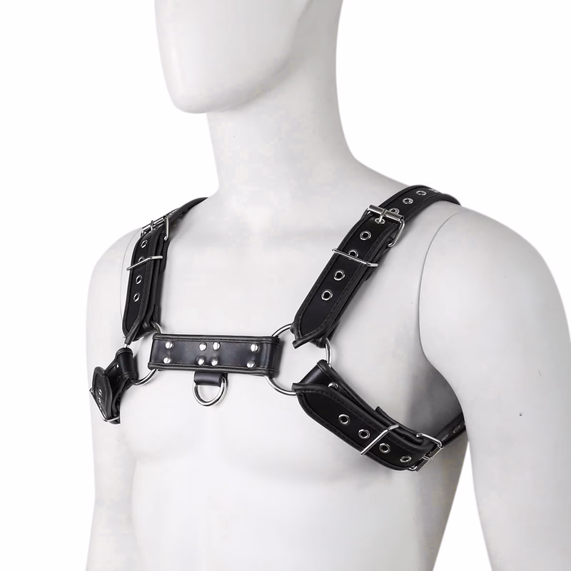 Black leather strap with perforated double loops and shoulder straps