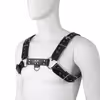 Black leather strap with perforated double loops and shoulder straps