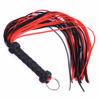 Black and red leather whip with woven handle