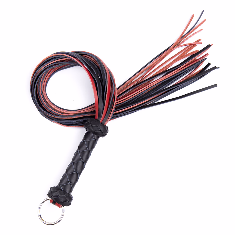 Black and red genuine leather whip with braided handle