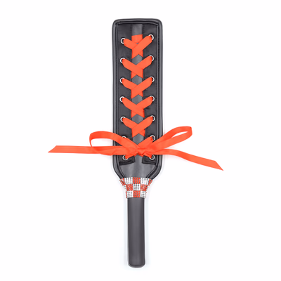Leather paddle - Red ribbon + red and white rhinestones