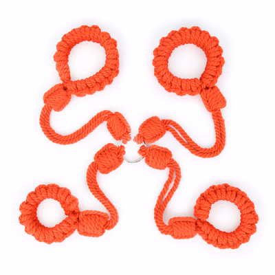 Red cotton and linen rope handcuffs and leg irons