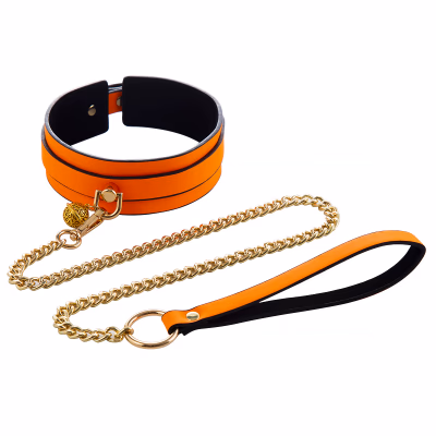 Orange leather neck warmer with bells and chains - glow-in-the-dark