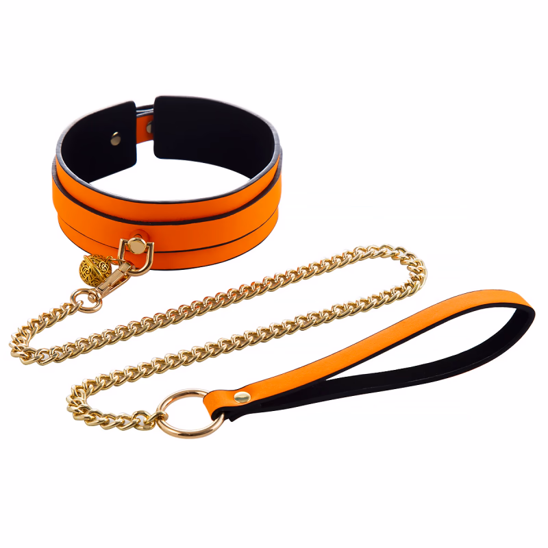 Orange leather neck warmer with bells and chains - glow-in-the-dark