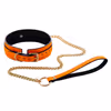 Orange leather neck warmer with bells and chains - glow-in-the-dark