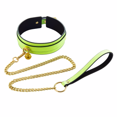 Green glow-in-the-dark leather neck warmer with bells and chains