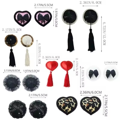 Reuseable Silicone Black Heart Lines Nipple Pasties With Tassles Nipple Decoration Accessories
