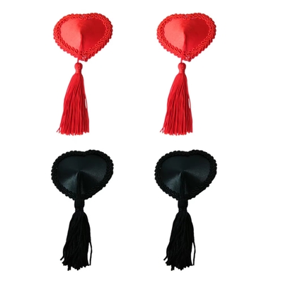 Reuseable Silicone Black Heart Lines Nipple Pasties With Tassles Nipple Decoration Accessories