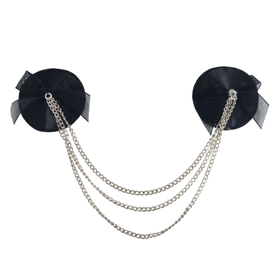 Black fabric-backed silver metal chain nipple covers