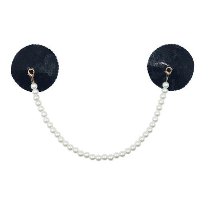 Reusable washable circular sequins sticky nipple cover with white pearl chain - color Black
