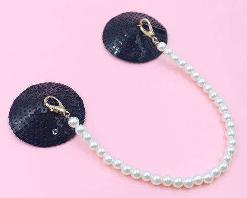 Reusable washable circular sequins sticky nipple cover with white pearl chain - color Black