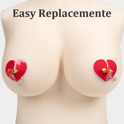 Reusable Heart-shaped PU leather nipple covers with chains and rose - color Red
