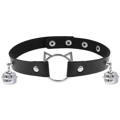 ​Gothic Meow Bell Collar - Edgy PU Leather Choker for Women, Black
