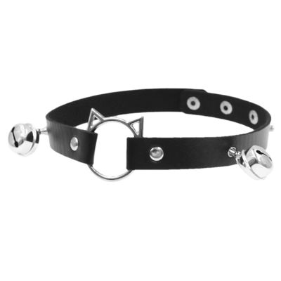 ​Gothic Meow Bell Collar - Edgy PU Leather Choker for Women, Black