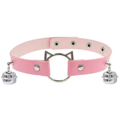 ​Gothic Meow Bell Collar - Edgy PU Leather Choker for Women, Pink