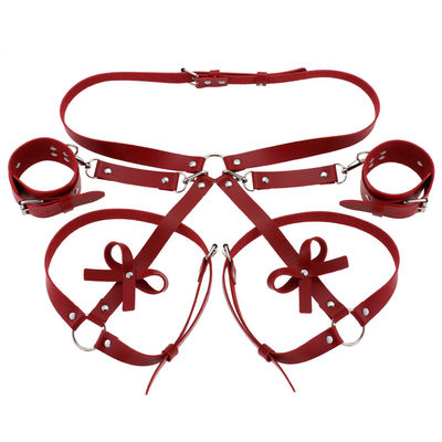 Fashion Leather Bondage Set: Belt, Thigh Band & Wrist Cuff, Red