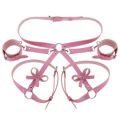 Fashion Leather Bondage Set: Belt, Thigh Band & Wrist Cuff, Pink