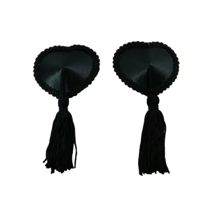 Reuseable Silicone Black Heart Lines Nipple Pasties With Tassles Nipple Decoration Accessories