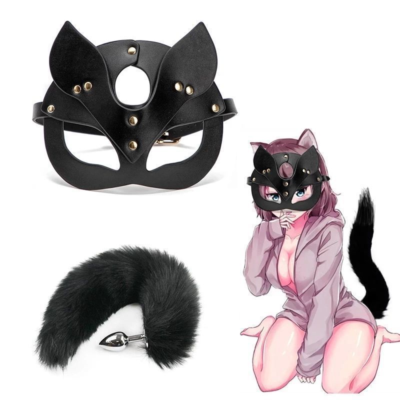 Cosplay RPG, PVC mask, metal anal plug sex toys
