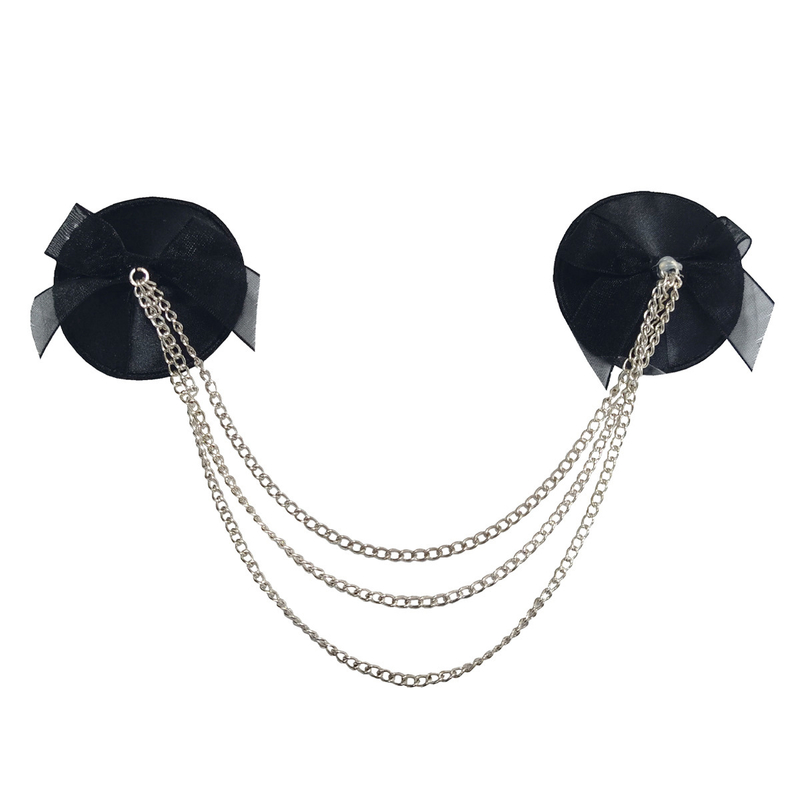 Black fabric-backed silver metal chain nipple covers