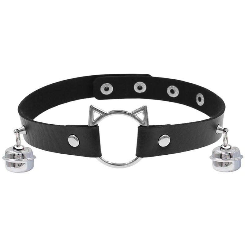 ​Gothic Meow Bell Collar - Edgy PU Leather Choker for Women, Black