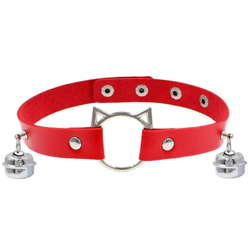 ​Gothic Meow Bell Collar - Edgy PU Leather Choker for Women, Red