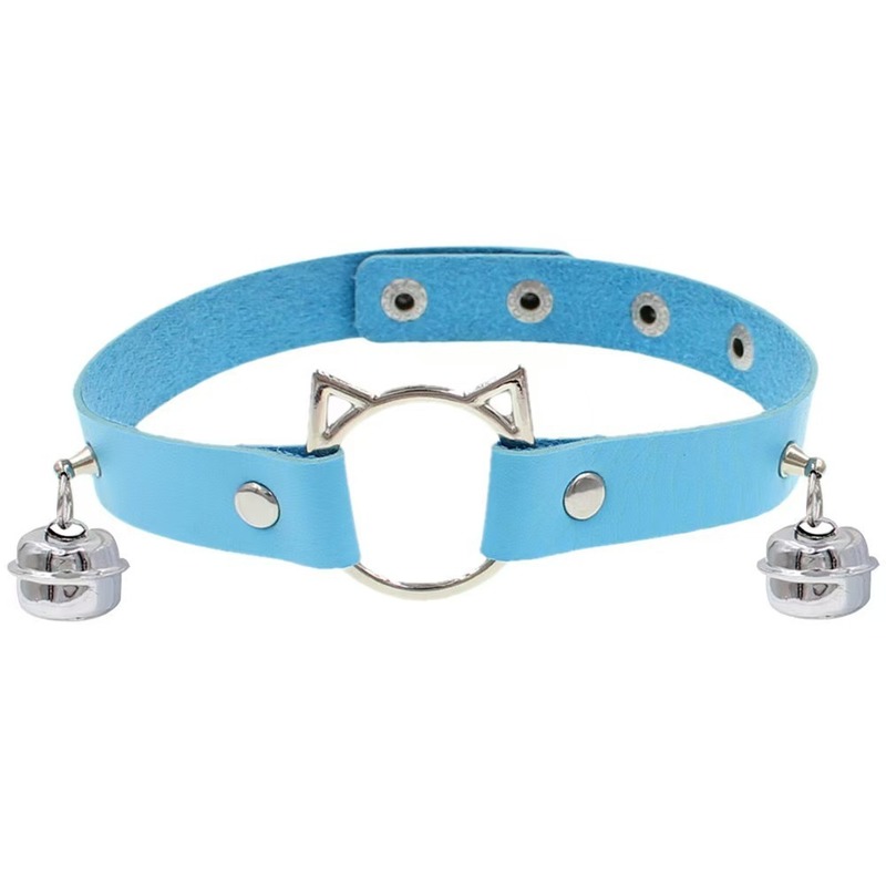 ​Gothic Meow Bell Collar - Edgy PU Leather Choker for Women, Blue