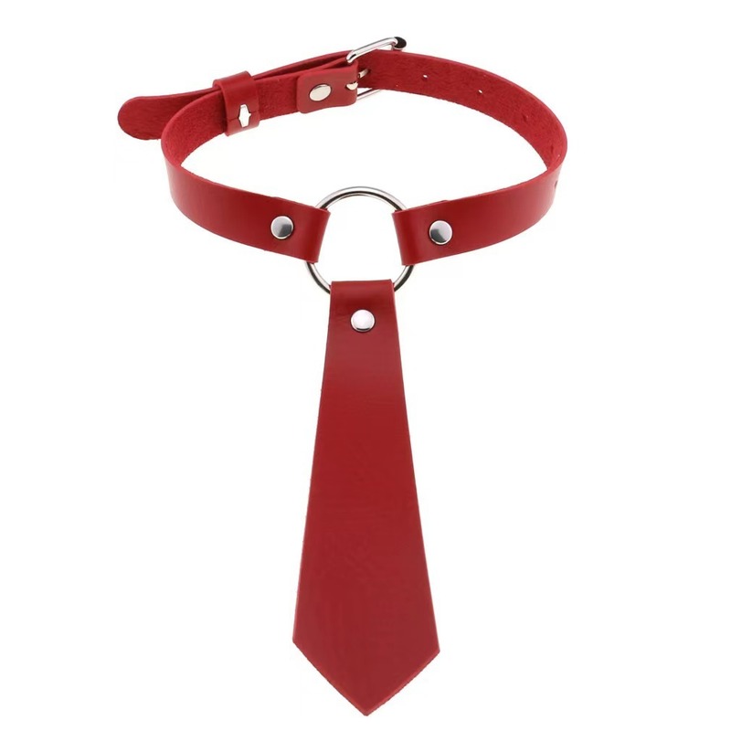 ​Tie-Style Leather BDSM Collar - For Fetish & Fashion​, Red