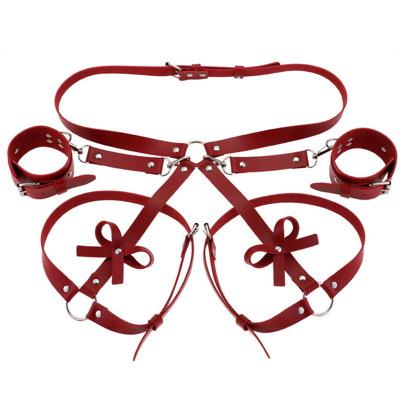 Fashion Leather Bondage Set: Belt, Thigh Band & Wrist Cuff, Red