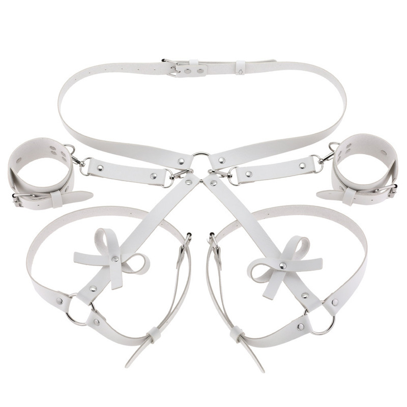 Fashion Leather Bondage Set: Belt, Thigh Band & Wrist Cuff, White