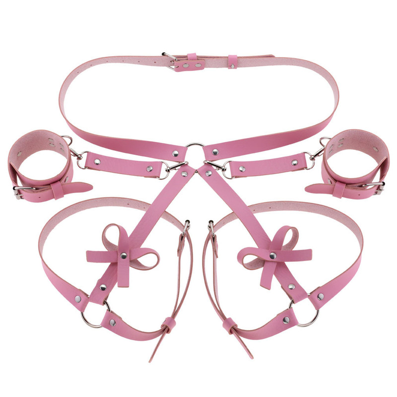 Fashion Leather Bondage Set: Belt, Thigh Band & Wrist Cuff, Pink
